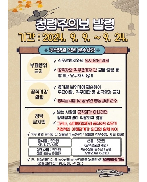'2024년 추석명절 청렴주의보 발령 안내' 게시글의 사진(1) '2024년 추석명절기간 청렴주의보.jpg'